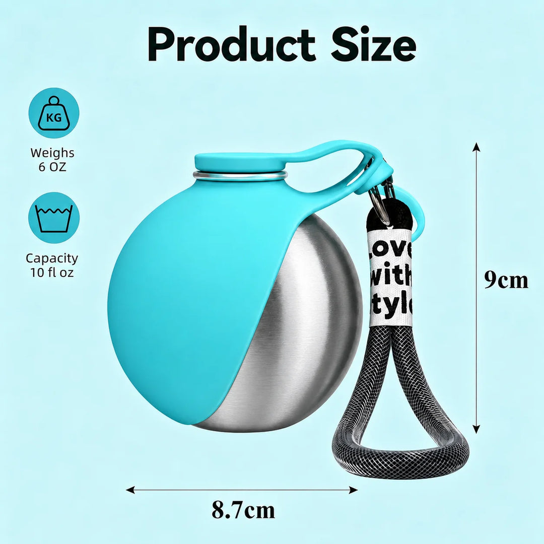 **Botella de Agua Portátil de Acero Inoxidable para Perros y Gatos (285 ml) – Bebedero Antifugas con Cuenco Plegable para Paseos, Viajes y Excursiones**
