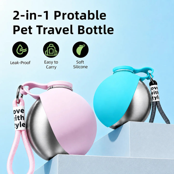 **Botella de Agua Portátil de Acero Inoxidable para Perros y Gatos (285 ml) – Bebedero Antifugas con Cuenco Plegable para Paseos, Viajes y Excursiones**
