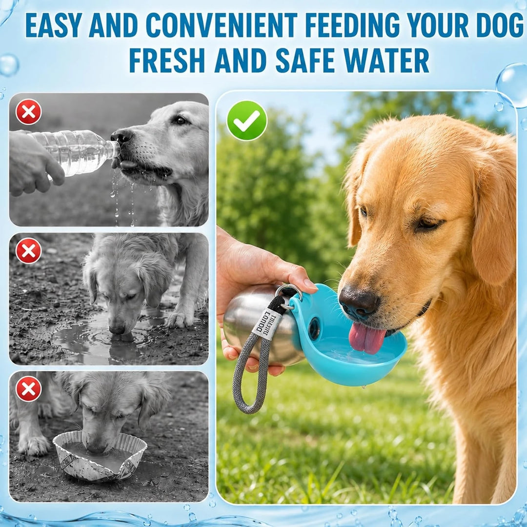 **Botella de Agua Portátil de Acero Inoxidable para Perros y Gatos (285 ml) – Bebedero Antifugas con Cuenco Plegable para Paseos, Viajes y Excursiones**