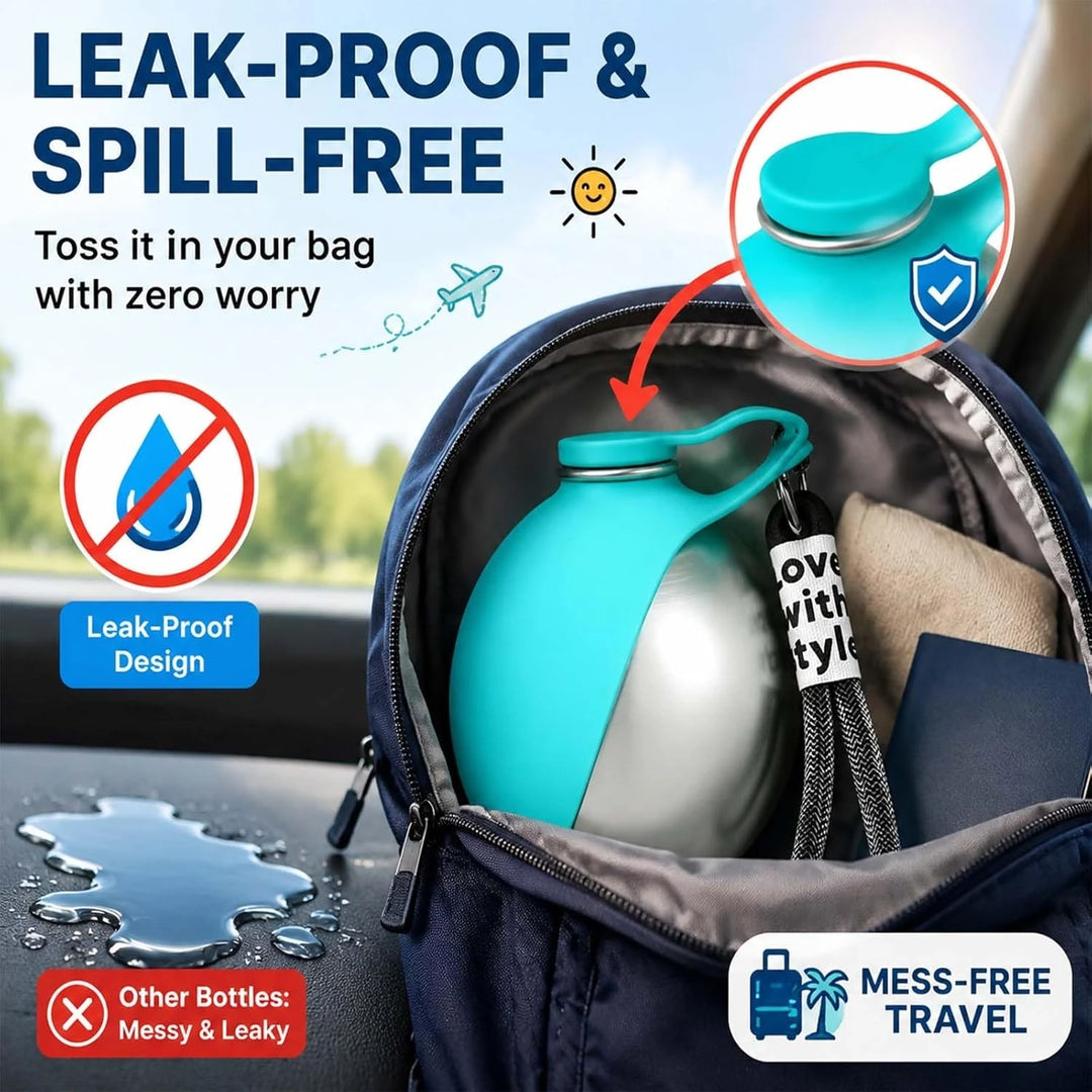 **Botella de Agua Portátil de Acero Inoxidable para Perros y Gatos (285 ml) – Bebedero Antifugas con Cuenco Plegable para Paseos, Viajes y Excursiones**