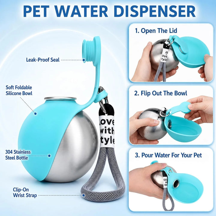 **Botella de Agua Portátil de Acero Inoxidable para Perros y Gatos (285 ml) – Bebedero Antifugas con Cuenco Plegable para Paseos, Viajes y Excursiones**