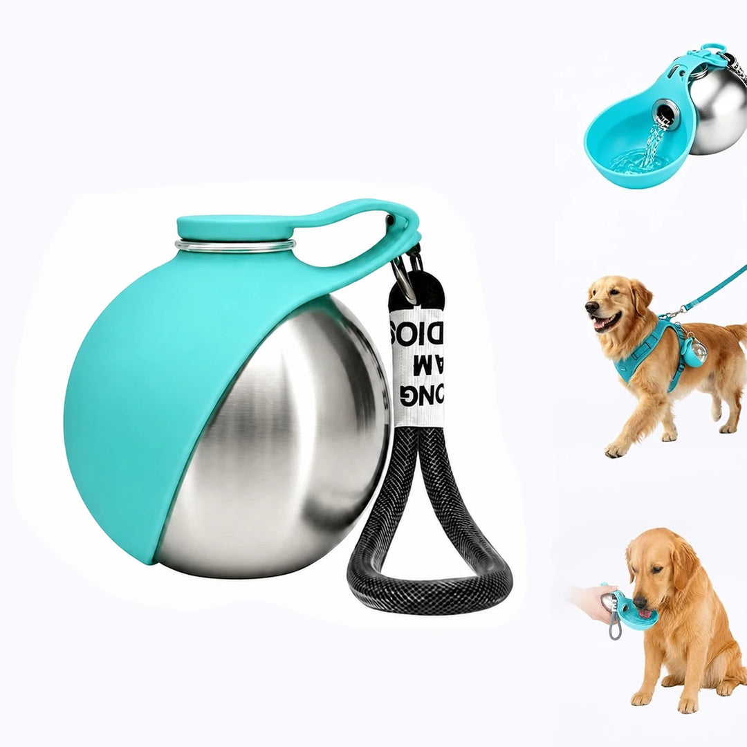 **Botella de Agua Portátil de Acero Inoxidable para Perros y Gatos (285 ml) – Bebedero Antifugas con Cuenco Plegable para Paseos, Viajes y Excursiones**